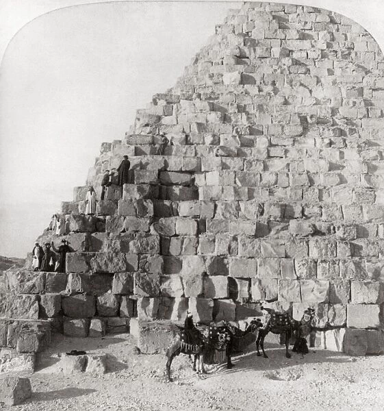 EGYPT: CHEOPS PYRAMID. Group of tourists with guides on camels, climbing the Cheops