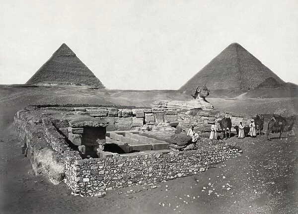 EGYPT: CHEOPS PYRAMID. View of the Great Pyramid of Cheops and the Sphinx at Giza, Egypt. Photograph, late 19th century