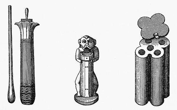 EGYPT: COSMETIC POTS. Ancient Egyptian pots for eye makeup. Left: in the shape of a pillar, with the stick for applying the makeup. Center: in the shape of a monkey. Right: for holding four different kinds of makeup. Line engraving, c1894