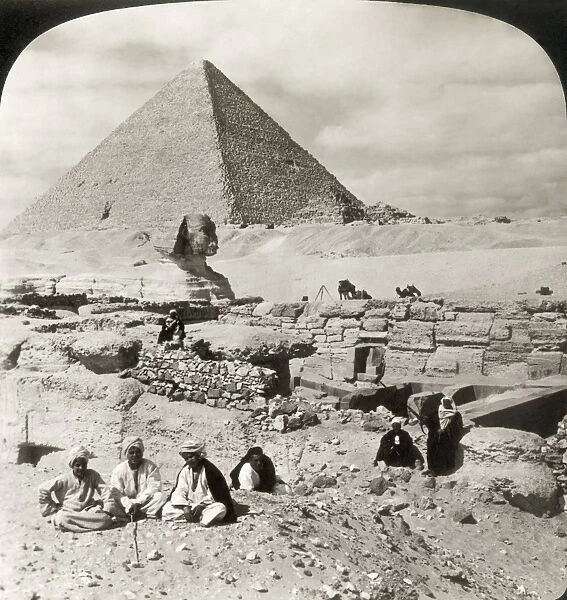 EGYPT: GREAT SPHINX, 1908. The Great Sphinx and pyramid at Giza: stereograph, 1908