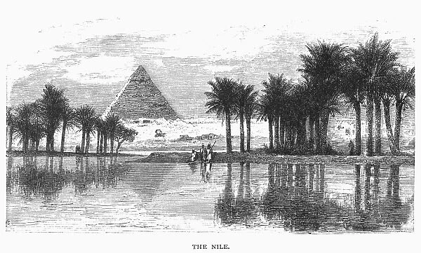 EGYPT: NILE RIVER. View of the Nile River and the pyramids at Giza, Egypt. Line engraving, 19th century
