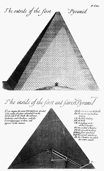 EGYPT: PYRAMID DIAGRAM. Diagram of the First and fairest pyramid at Giza, from Pyramidographia by John Greaves (1602-1652) published in London, 1744