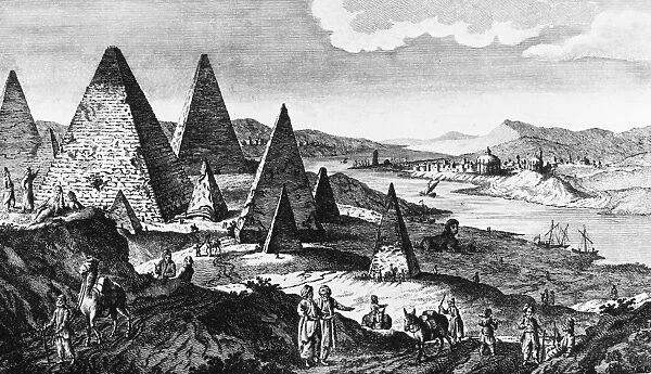 EGYPT: PYRAMIDS, c1780. Fanciful view of the Pyramids in Egypt. Line engraving from Charles Theodore Middletons Complete System of Geography, c1780, copied almost exactly from Olfert Dappers 1670 book on Africa