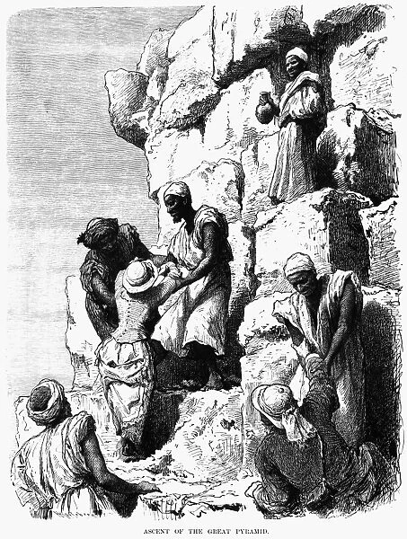 EGYPT: TOURISTS, c1880. Egyptian escorts helping tourist scaling the Great Pyramid of Kheops. Wood engraving, English, c1880