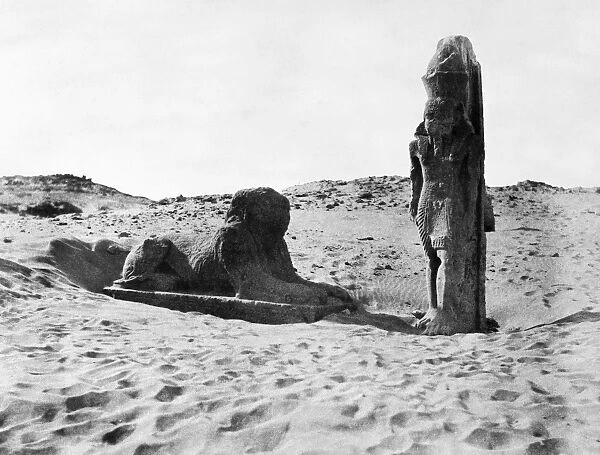 EGYPT: WADI EL-SEBOUA, 1851. A sphinx and statue by the temples at Wadi el-Seboua, Egypt