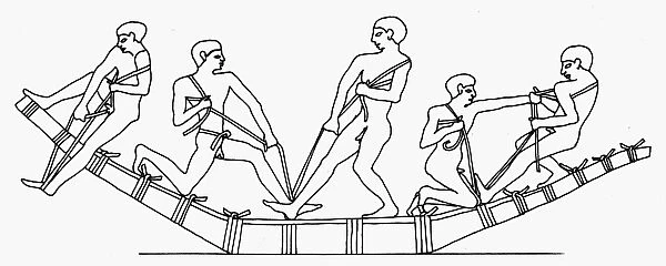EGYPTIAN BOAT. Men building a reed boat, from an Egyptian tomb painting, c2500 B. C