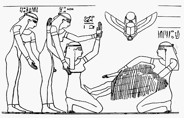 An Egyptian goddesss giving birth, in a kneeling position with her arms raised