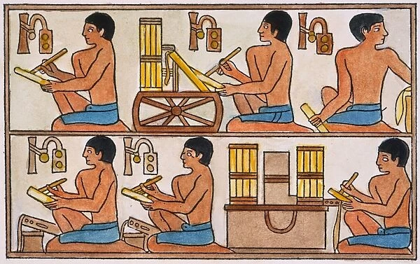EGYPTIAN SCRIBES. Scribes squatting at their desks and assisted by their clerks, recording the collection of taxes. After a relief from the tomb of Ti at Sakkara, Egypt, dating from the 27th century B. C