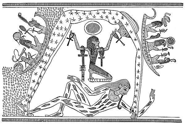 EGYPTIAN UNIVERSE. The ancient Egyptian cosmos, depicting Geb (Earth), Shu (Air)