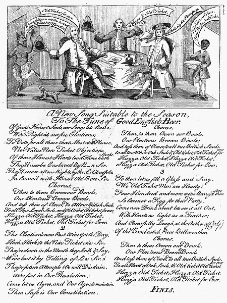 ELECTION BROADSIDE, 1765. A New Song Suitable to the Season, To The Tune of Good English Beer. Broadside featuring an illustration and a song celebrating the victory of the Old Party in the Pennsylvania elections of 1765