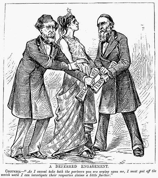 ELECTION CARTOON, 1876. A Deferred Engagement. Contemporary American cartoon showing Columbia (the United States) waiting for the outcome of the Rutherford B. Hayes and Samuel J. Tilden presidential election of 1876, in which twenty disputed electoral votes were eventually awarded to Hayes