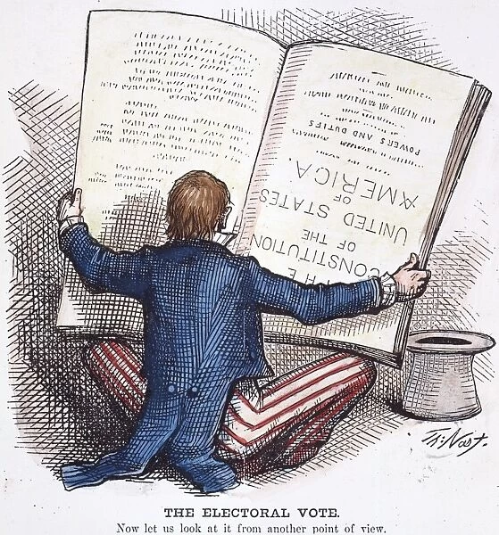 ELECTION CARTOON, 1876. The Electoral Vote. Contemporary American cartoon by Thomas Nast showing a perplexed Uncle Sam reading the Constitution upside down in an attempt to resolve the election between Rutherford B. Hayes and Samuel J. Tilden, in which twenty disputed electoral votes were eventually awarded to Hayes