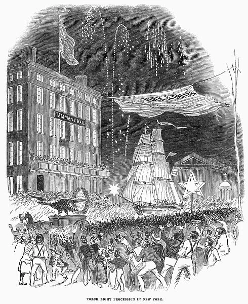 ELECTION PARADE, 1844. Torchlight procession in New York City in support of Democratic presidential nominee James K. Polk and vice-presidential nominee George M. Dallas; Tammany Hall stands in the background. Wood engraving from a contemporary American newspaper