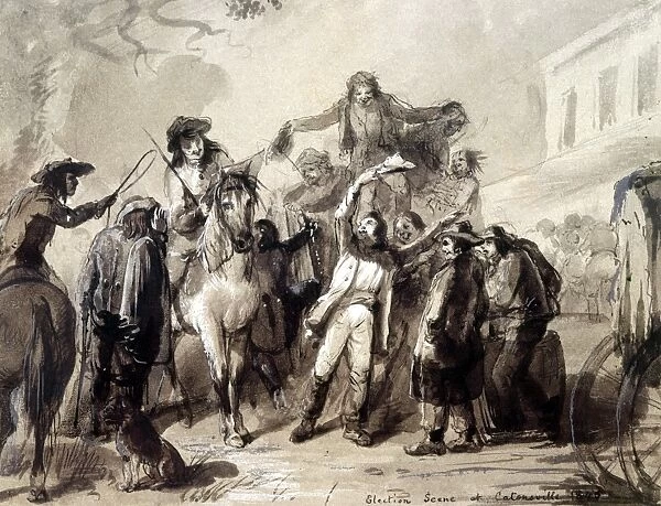 ELECTION SCENE, 1845. Election Scene, Catonsville (a suburb of Baltimore, Maryland), 1845. Pencil and wash on brown paper by Alfred Jacob Miller
