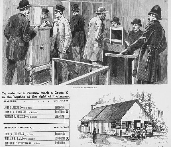 ELECTIONS: VOTING. The first American use of the Australian--or secret--ballot in the Boston, Massachusetts, election of November 5, 1889. Wood engraving from a contemporary American newspaper
