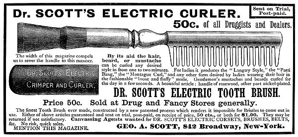 ELECTRIC CURLER, 1887. Dr. Scotts Electric Curler. American advertisement, 1887