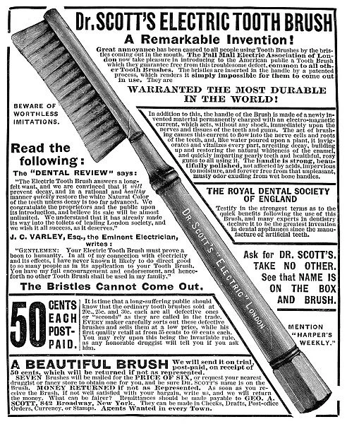 ELECTRIC TOOTHBRUSH, 1882. Dr. Scotts Electric Toothbrush. American advertisement