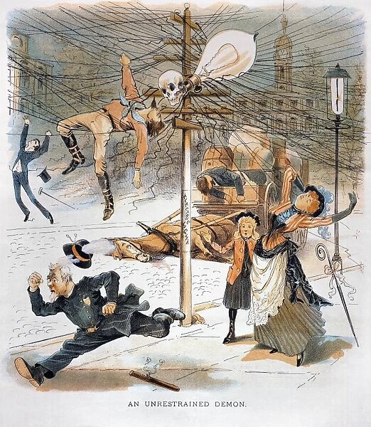 ELECTRICITY CARTOON, 1889. An American cartoon of 1889 on the new dangers posed by overhead electrical wiring on city streets