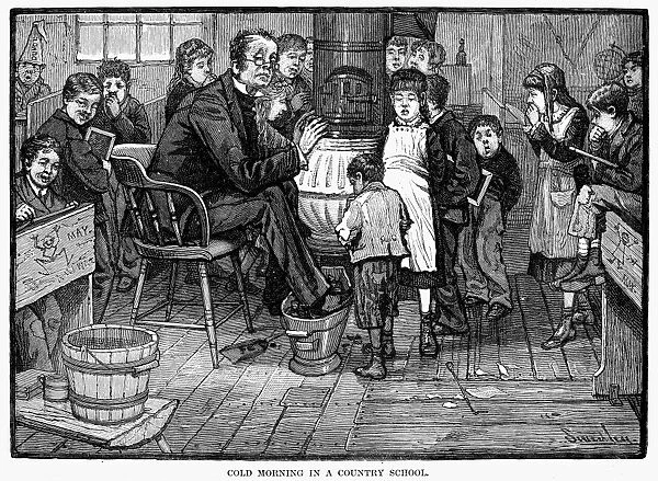 ELEMENTARY SCHOOL, 1880. Cold Morning In A Country School. Wood engraving, American, 1880