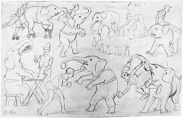 ELEPHANT ACTS, 1880s. Pencil drawing by E. Roe, 1880s
