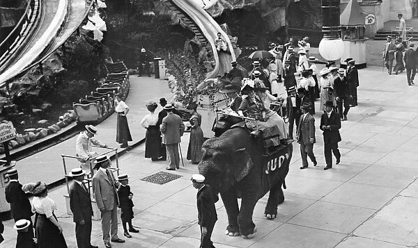 ELEPHANT RIDE, c1910-1915. Women riding an elephant at Dreamland amusement park