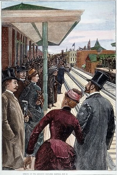 ELEVATED RAILWAY Opening of the first elevated railway in Brooklyn, May 1885. The railway ran from near Fulton Ferry on the East River to East New York: wood engraving from a contemporary American newspaper