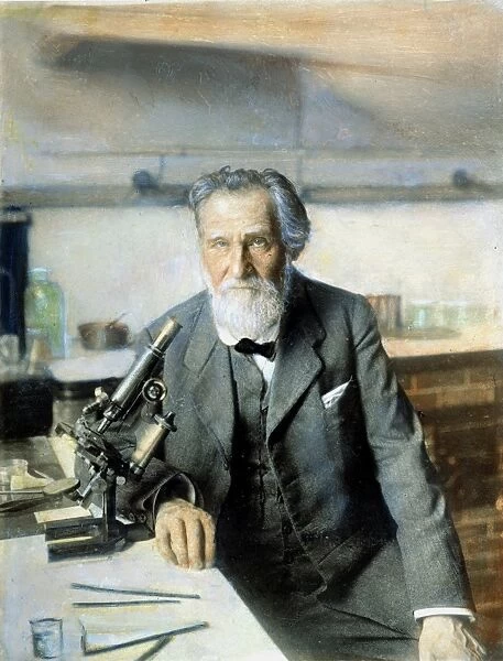 ELIE METCHNIKOFF (1845-1916). Russian zoologist. In his laboratory. Oil over a photograph