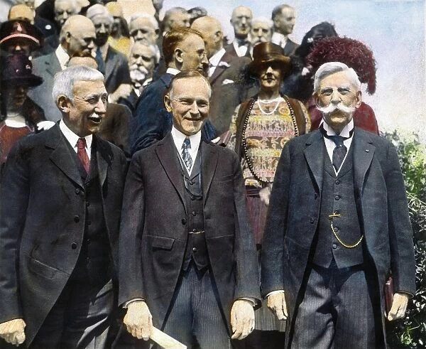 Elihu Root, left, President Calvin Coolidge, center, and Associate Justice Oliver Wendell Holmes, Jr. Oil over a photograph from the 1920s