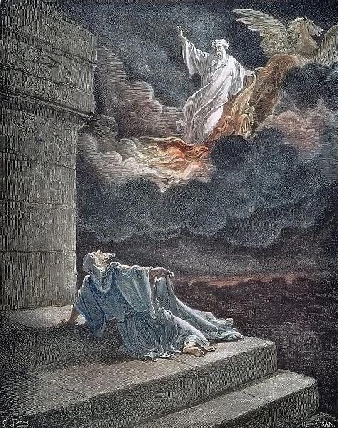 ELIJAH IN HEAVEN. Elijah taken up to heaven in a chariot of fire (II Kings 2: 11, 12). Wood engraving after Gustave Dore