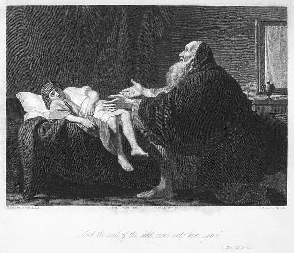 ELIJAH AND WIDOWs SON. Elijah Raiseth the Son of the Widow of Zarephath (I Kings 17: 23). Steel engraving after the painting by Benjamin West