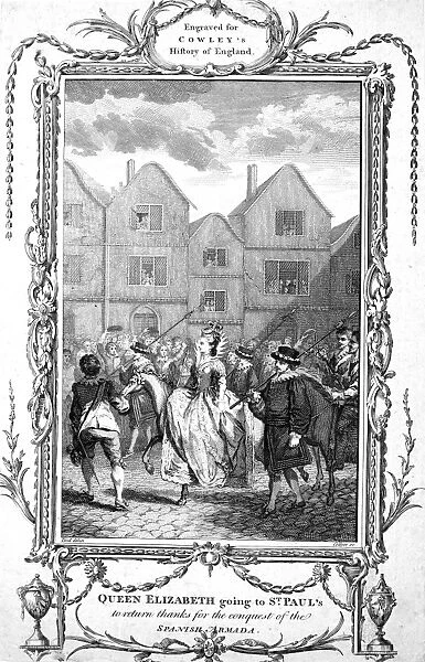 ELIZABETH I (1533-1603). Queen of England and Ireland, 1558-1603. In procession to St. Pauls through the streets of London, England, 1588, to return thanks for the conquest of the Spanish Armada. Copper engraving, English, 18th century