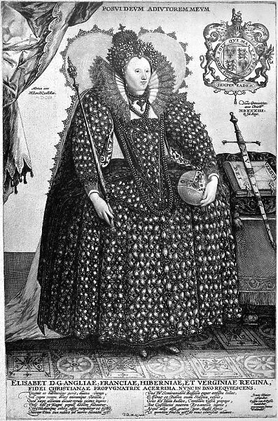 ELIZABETH I (1533-1603). Queen of England and Ireland, 1558-1603. Line engraving by Crispian van de Passe after Isaac Oliver