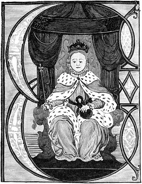 ELIZABETH I (1533-1603). Queen of England and Ireland, 1558-1603. Engraving after an illuminated initial in the Statutes of Order of St Michael and St George, 1558