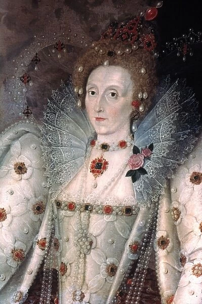 ELIZABETH I OF ENGLAND. Canvas, c1592, by Marcus Gheeraerts the Younger