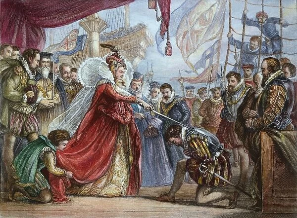 ELIZABETH I  /  FRANCIS DRAKE. Queen Elizabeth I knighting Francis Drake on the deck of the Golden Hind in Deptford in April 1581: colored engraving, 19th century