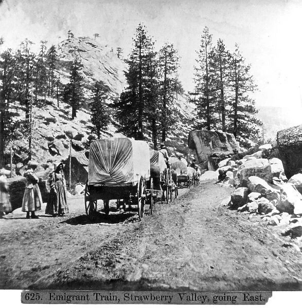 EMIGRANTS, 1866. An emigrant train going east through the Strawberry Valley in