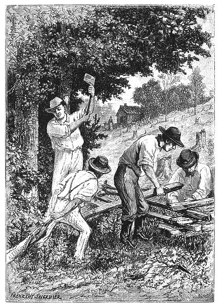 EMIGRANTS: FENCE BUILDING. Emigrants building a fence at a settlement in the American West