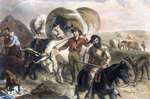EMIGRANTS TO WEST, 1874. Emigrants Crossing the Plains. Colored engraving, 1874, by H. B. Hall after F. O. C. Darley