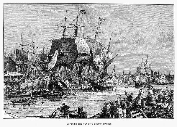 Emptying the tea into Boston Harbor, 16 December 1773. Engraving, 19th century