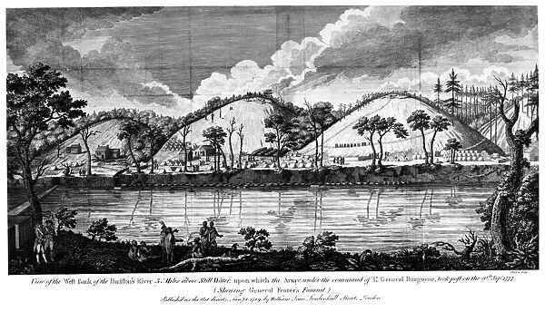 The encampment of British forces under General John Burgoyne on the Hudson River near Stillwater and Saratoga, New York, from 20 September 1777. Steel engraving, English, 1789