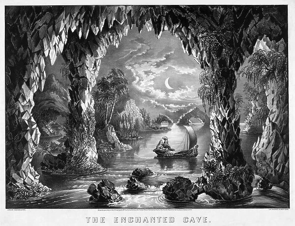 ENCHANTED CAVE, c1867. Man and woman on a boat in a fantastical, nightttime setting
