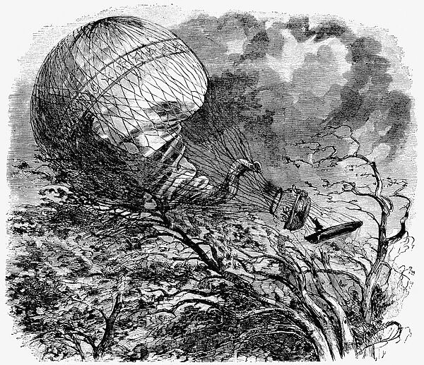 The end of John Wises unsuccessful trans-Atlantic balloon flight in Henderson, New York, nineteen hours after setting out from St. Louis, Missouri, on 1 July 1859. The lifeboat was jettisoned over Lake Ontario. Contemporary wood engraving
