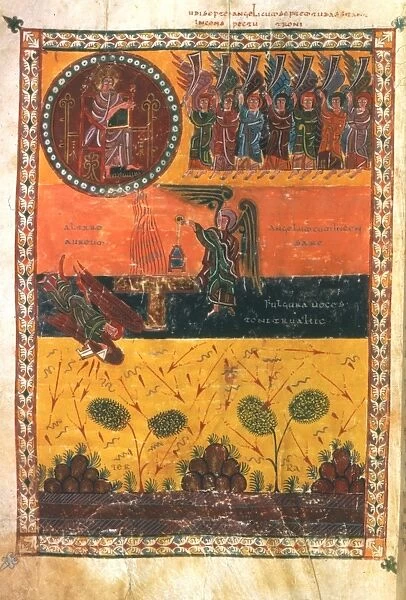 END OF THE WORLD. Angels destroying the world (Rev. 8: 2-5): Spanish ms. illumination, c950 A. D