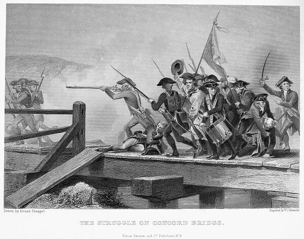 The engagement at the North Bridge, 19 April 1775. Steel engraving, 19th century