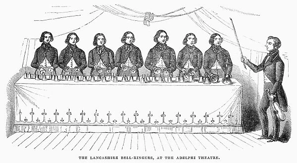 ENGLAND: BELL RINGERS. The Lancashire Bell-Ringers in concert at the Adelphia Theater. Wood engraving, English, 1843