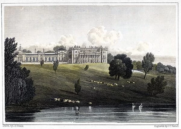 ENGLAND: BOWOOD PARK. Bowood Park and Bowood House, residence of the Marquess of Lansdowne in Wiltshire, England. Color line engraving, 19th century