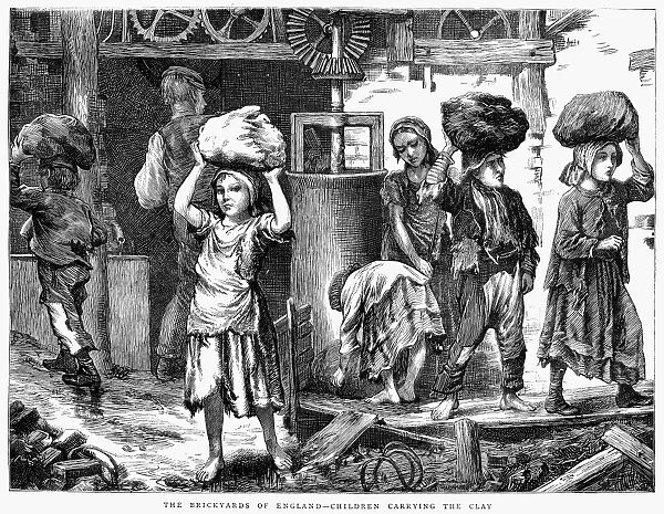 ENGLAND: CHILD LABOR, 1871. The Brickyards of England - Children Carrying the Clay. Wood engraving, English, 1871