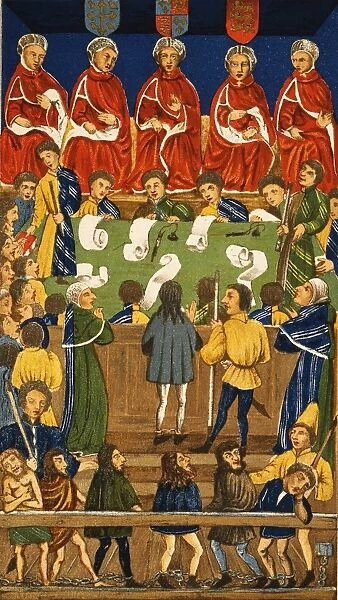 ENGLAND: COURT, 15TH CENTURY. The Court of the Kings Bench during the reign of Henry VI (1422-1461). The judges are seated in the rear wearing red robes, while in the foreground prisoners chained to the bar await their sentence. Illumination from a 15th century English manuscript