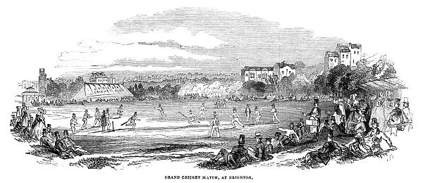 ENGLAND: CRICKET, 1844. Grand cricket match at Brighton, England. Wood engraving