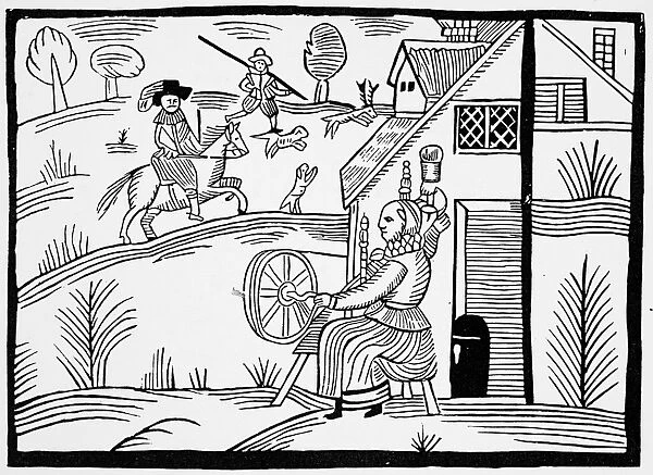 ENGLAND: DAILY LIFE. A cottage housewife spinning, with hunters in the background